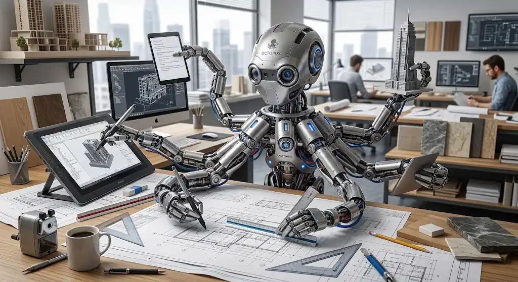 Robot gurita Octopus di studio arsitektur, tentakelnya sibuk menggambar denah, memegang maket, tablet, penggaris, dan contoh material