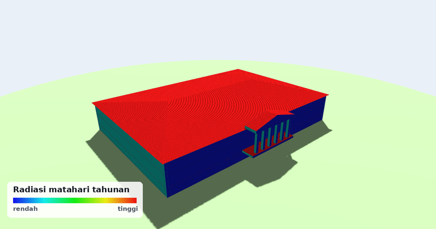 Model 3D gedung dengan skala warna radiasi matahari tahunan dari Analisis Arsitektural
