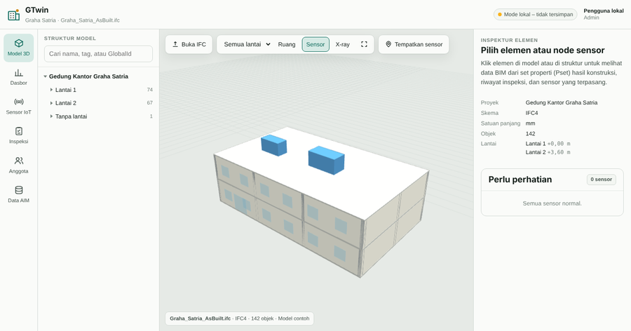 Model 3D gedung dengan struktur lantai dan inspektur elemen di GTwin